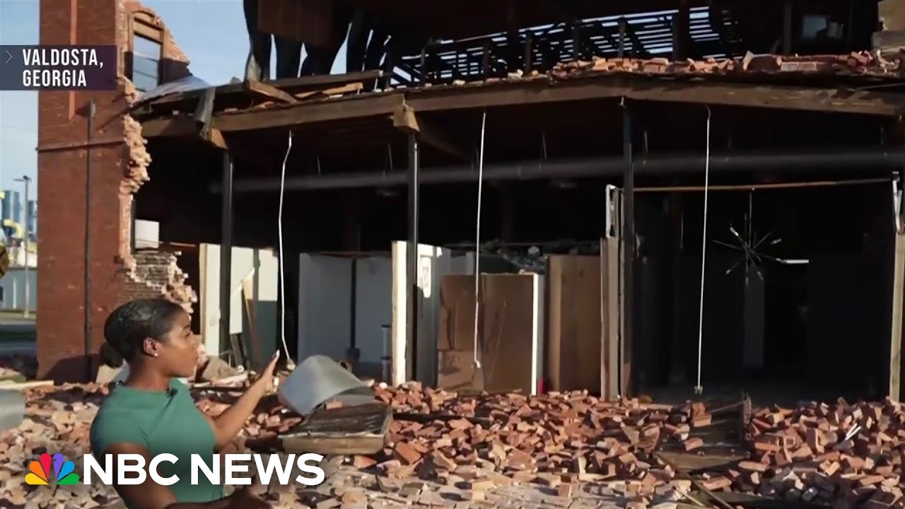 Strong winds knocked out power lines, downed trees and buildings in Georgia