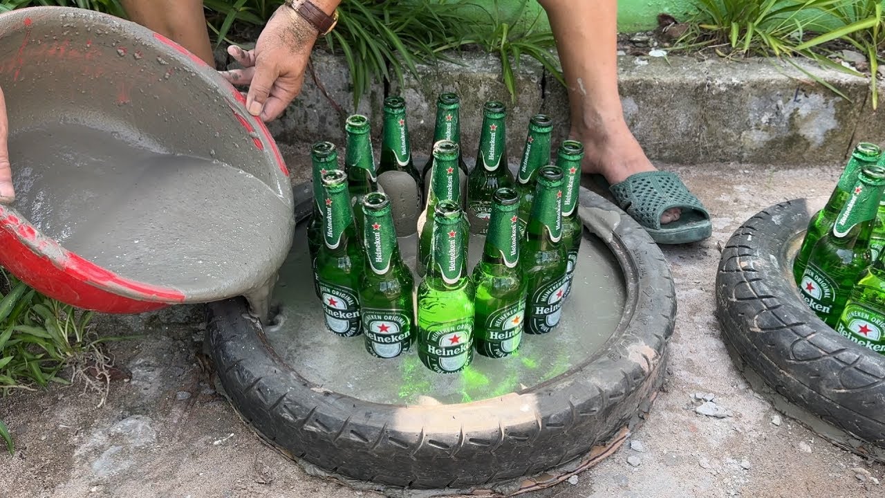 Amazing Idea. Make Coffee Table From Glass Bottle, Cement And Old Tire Very Easy