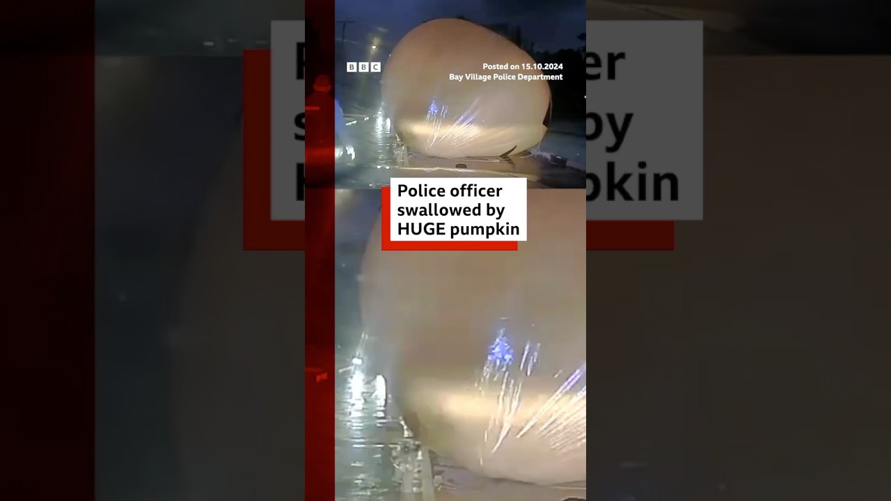 Giant inflatable pumpkin blocks road in Ohio. #Cleveland #Halloween #BBCNews