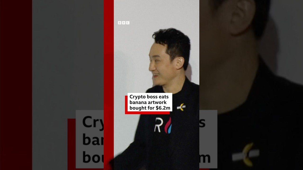 Crypto boss Justin Sun eats banana artwork bought for $6.2m. #Banana #Art #BBCNews