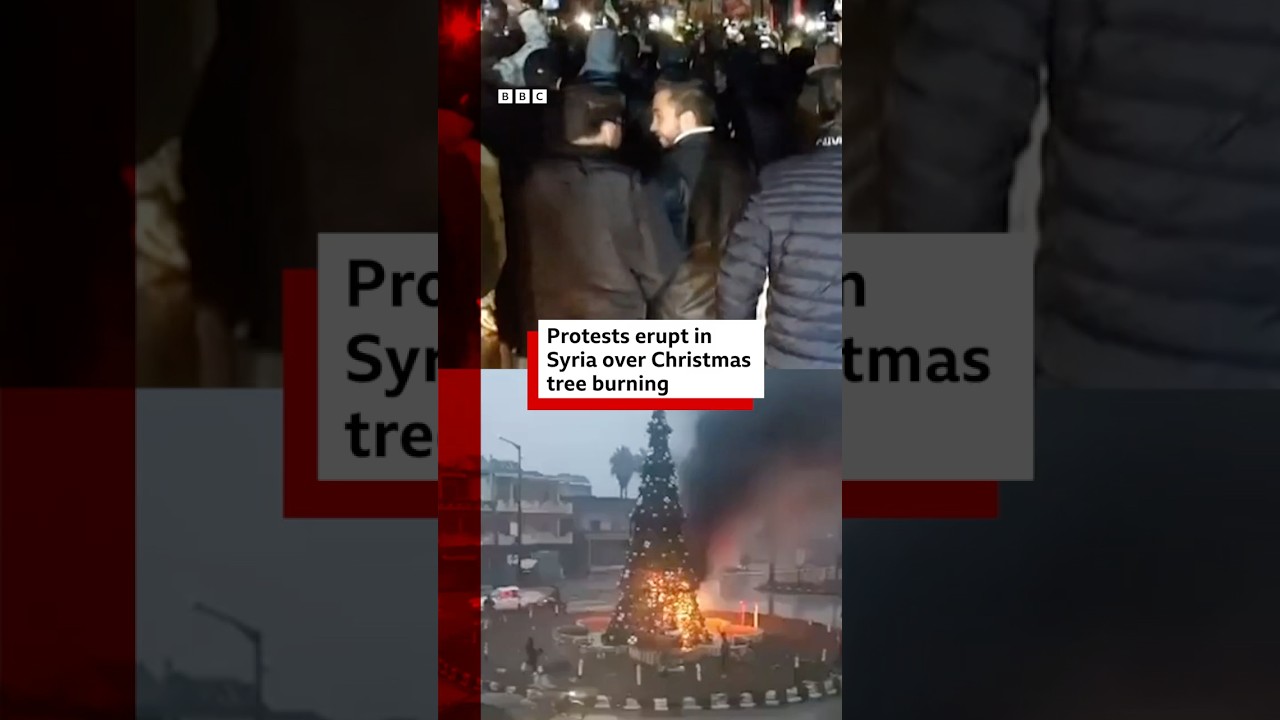 Protests in Syria over Christmas tree burning. #Syria #BBCNews