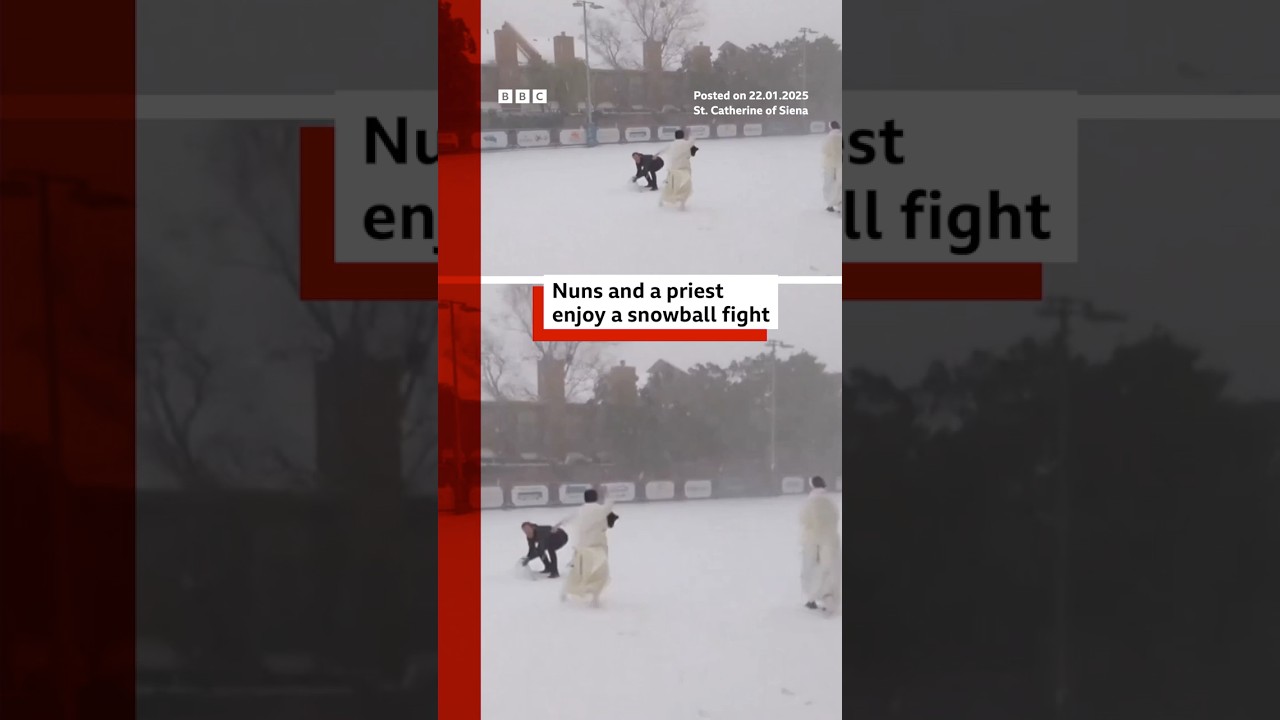 Nuns and priest enjoy snowball fight during Louisiana winter storm. #BBCNews
