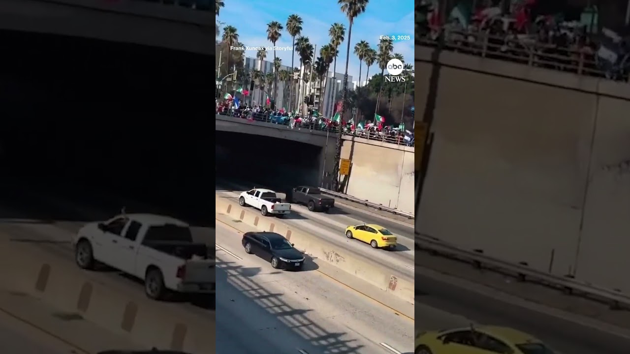 Hundreds march along the Los Angeles freeways to protest ICE, Trump immigration policies