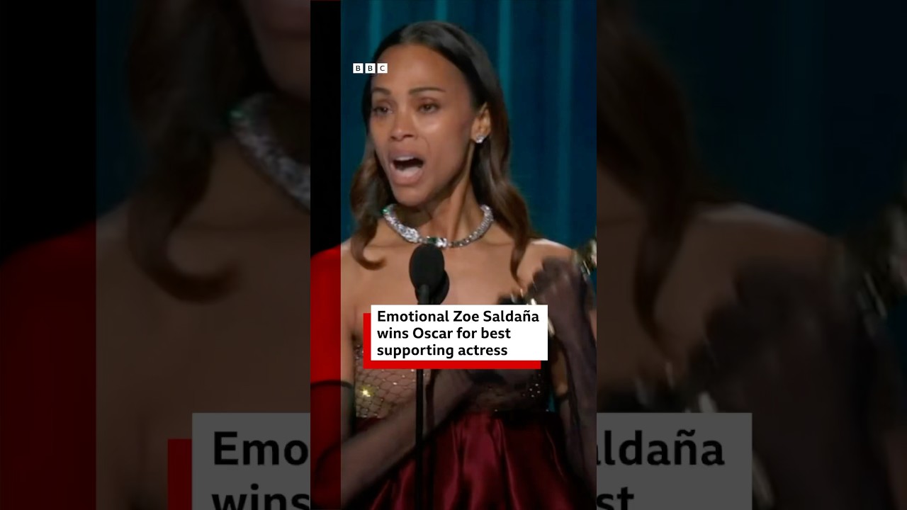 Zoe Saldaña wins Oscar for Best Supporting Actress. #EmiliaPerez #ZoeSaldana #BBCNews