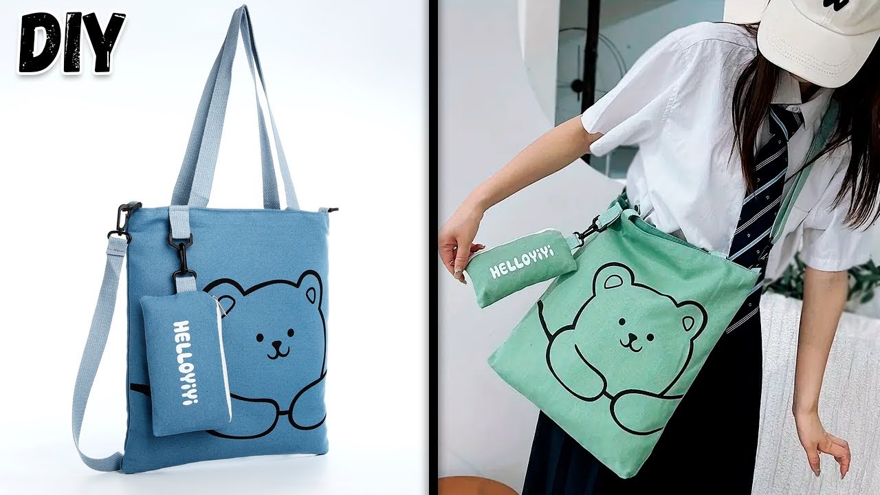 DIY Korean Style Tote bag with a Purse pocket at home making from Cloth | Set of two
