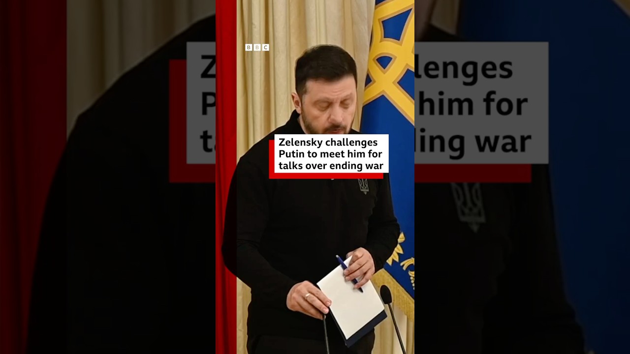Zelensky challenges Putin to meet him for talks over ending war. #Ukraine #Russia #BBCNews