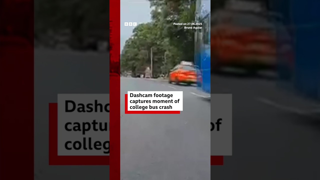Dashcam footage captures moment bus carrying college students crashed in UK. #BBCNews