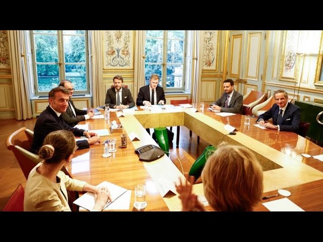 Emmanuel Macron meets IAEA chief Rafael Grossi at the Elysee Palace after returning from NATO summit