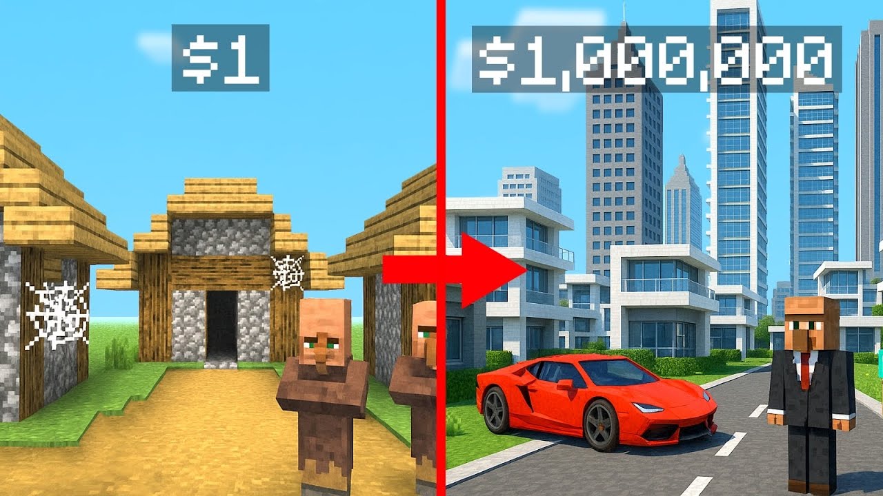 Upgrading $1 to $1,000,000 Village In Minecraft Doodle Town