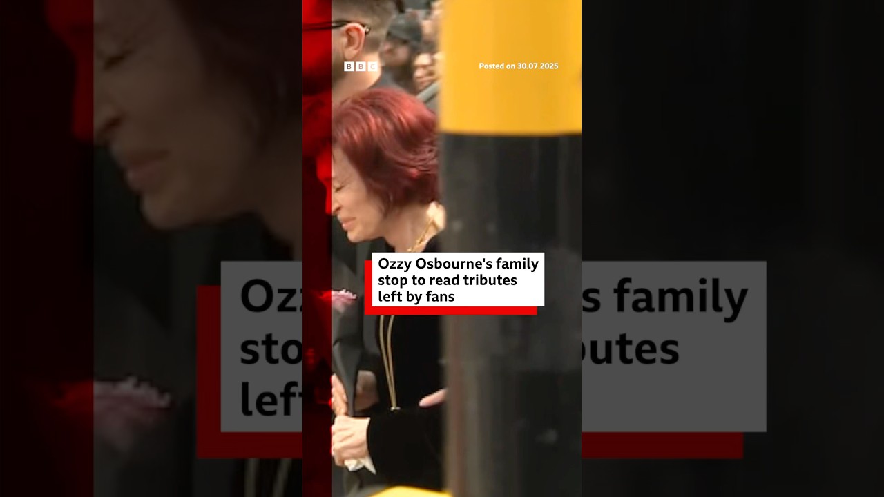 Ozzy Osbourne’s family stop to read tributes in Birmingham. #OzzyOsbourne #BBCNews