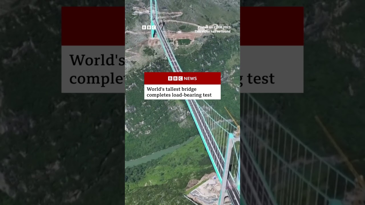 A testing team drove 96 trucks onto the Huajiang Grand Canyon Bridge in China. #China #BBCNews