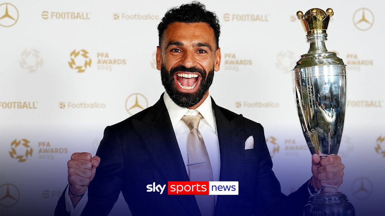 Liverpool’s Mohamed Salah reacts after winning a record third PFA Men’s Player of the Year award