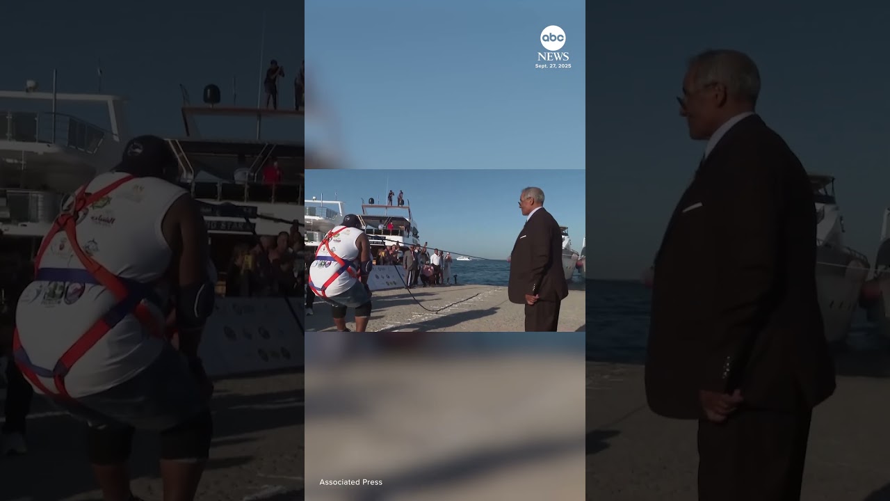 Egyptian ‘strong man’ goes for world record by pulling a ship with his teeth
