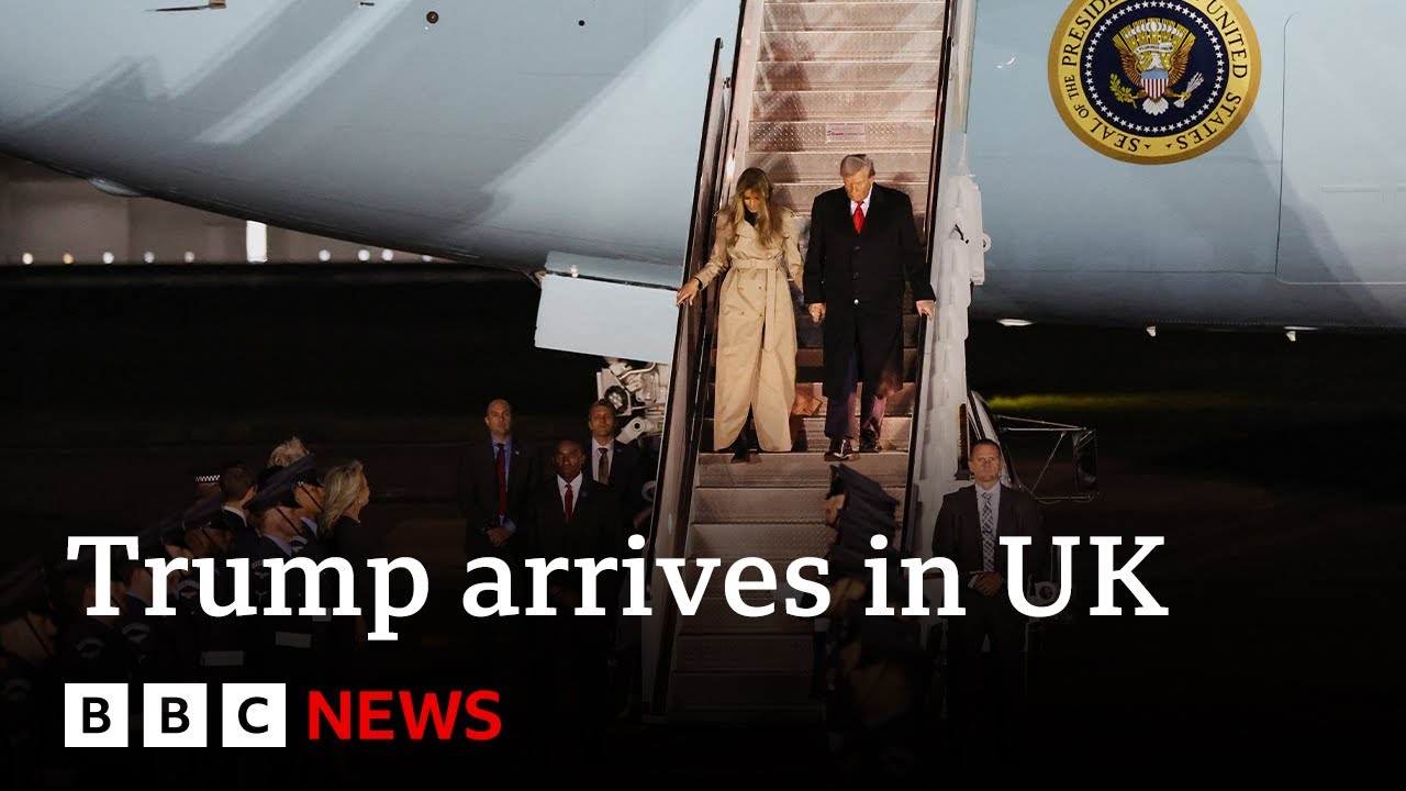 US President Donald Trump and wife Melania land in UK for historic second state visit | BBC News
