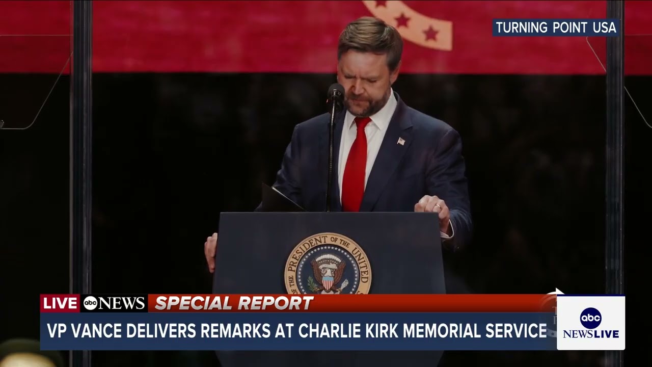 Vice President JD Vance speaks at Charlie Kirk memorial service