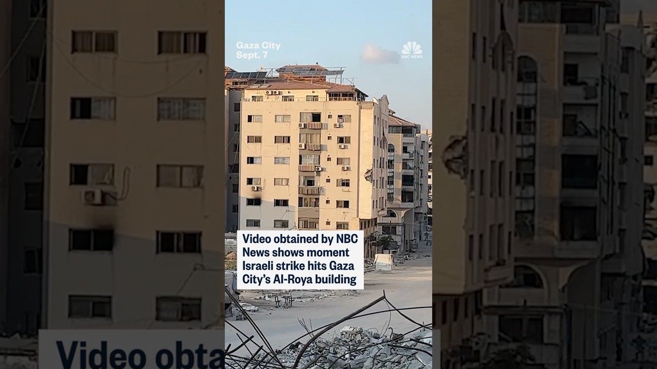Video obtained by NBC News shows an Israeli airstrike flattening Gaza City’s Al-Ruya building