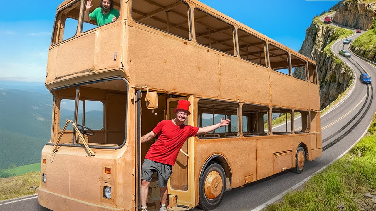 Driving 100 Miles In 2 Story Cardboard Bus!