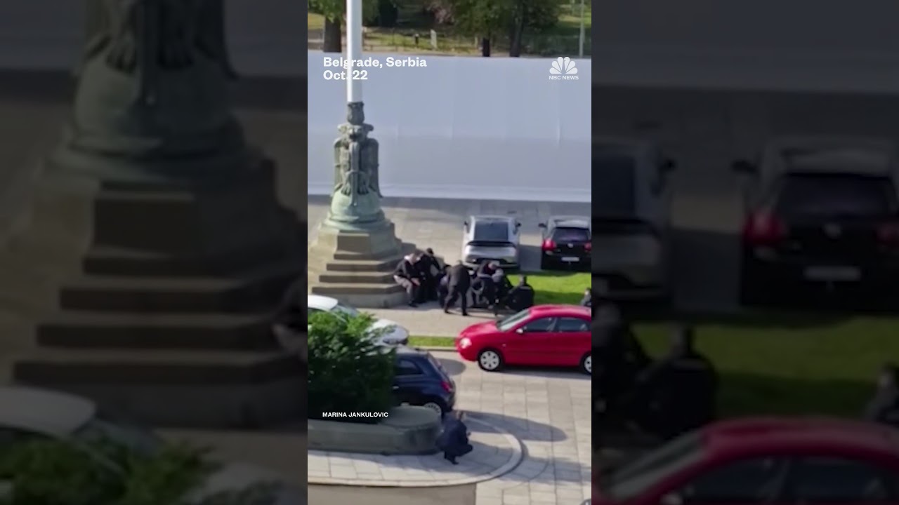 One person was detained after shots were fired and a tent was set on fire outside Serbia’s parliment