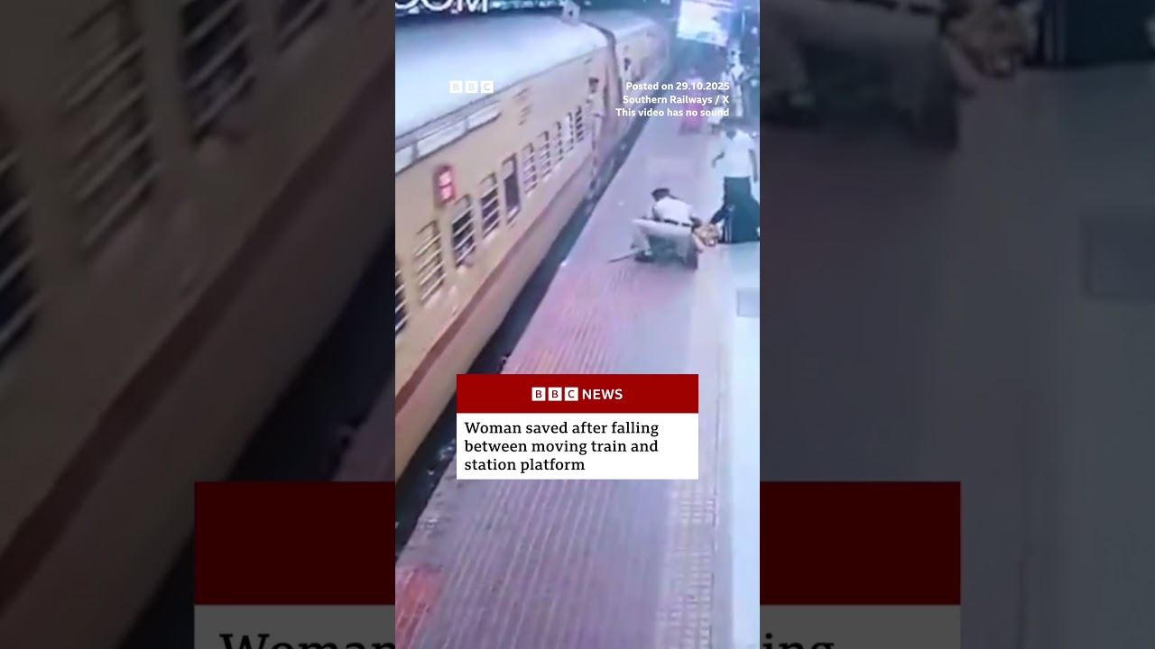 Woman saved after falling between moving train and station platform in India. #Trains #BBCNews