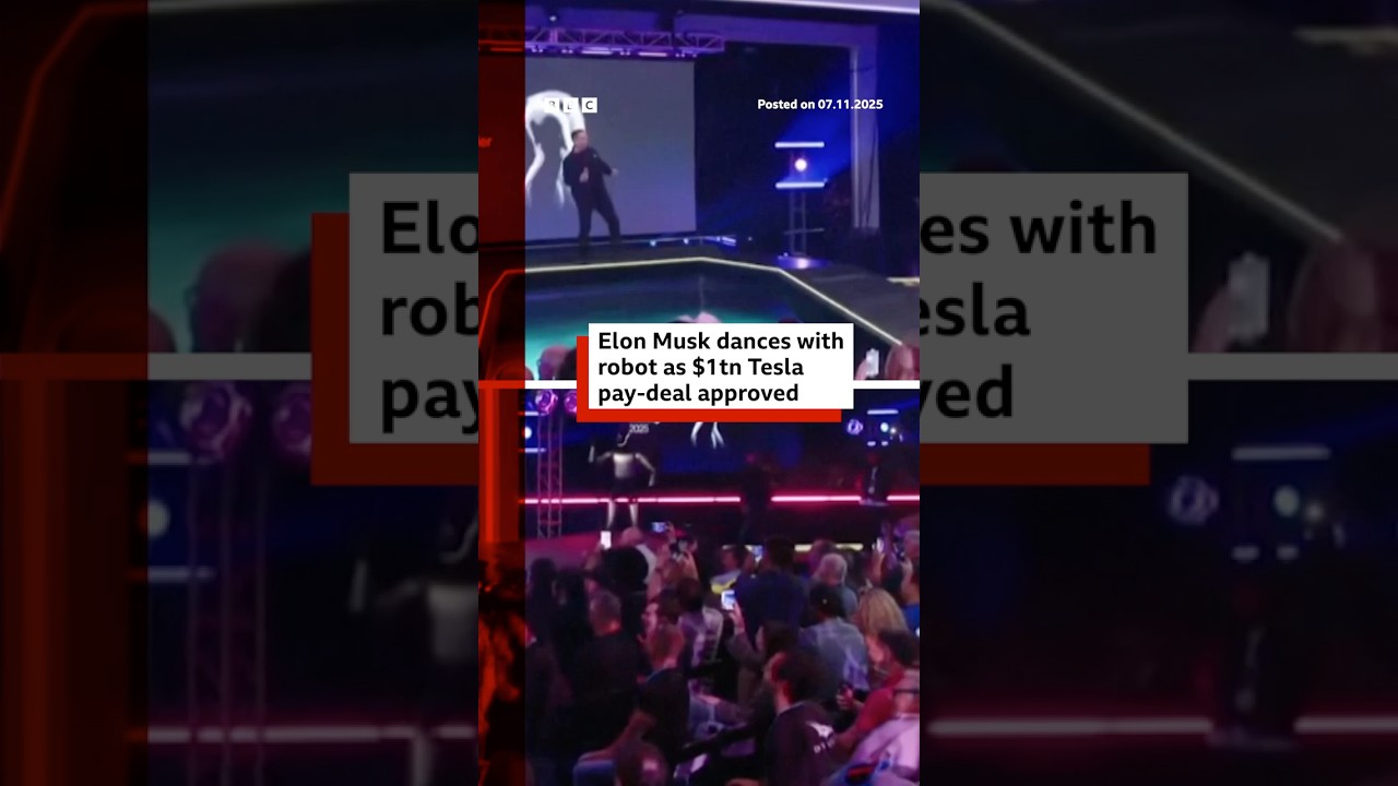 Elon Musk dances with robot as $1tn pay-deal approved by shareholders. #Tesla #ElonMusk #BBCNews