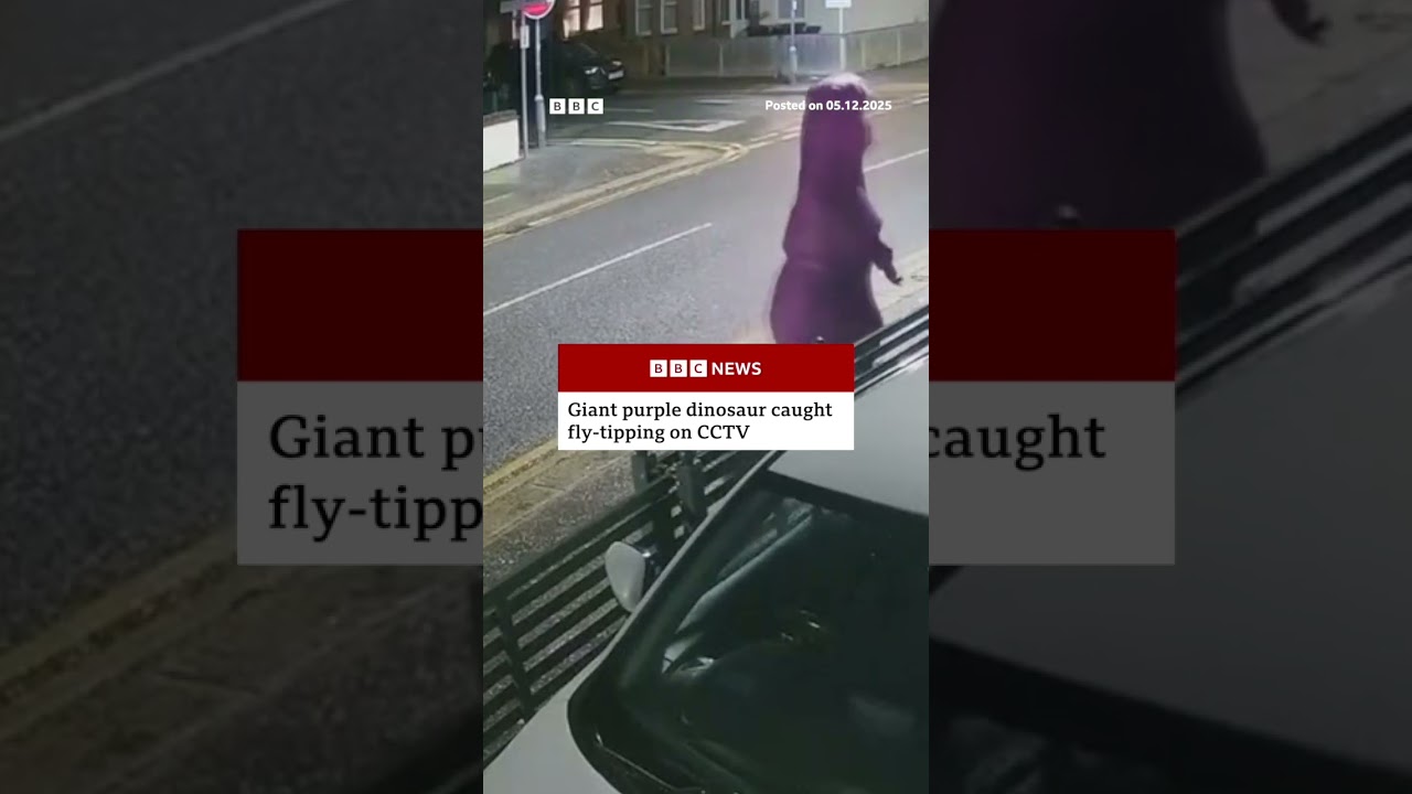 Giant purple dinosaur caught fly-tipping on CCTV in UK street. #BBCNews