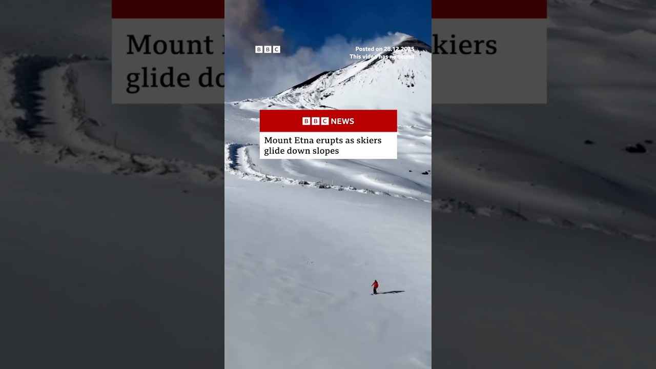 Mount Etna erupts as skiers glide down slopes. #Italy #Volcano #BBCNews