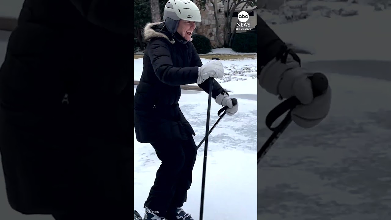 Texas woman skis down icy street
