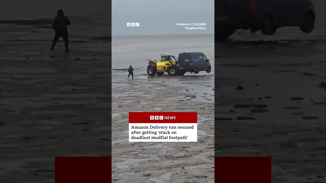 Amazon delivery van rescued after getting ‘stuck on deadliest mudflat footpath’. #BBCNews