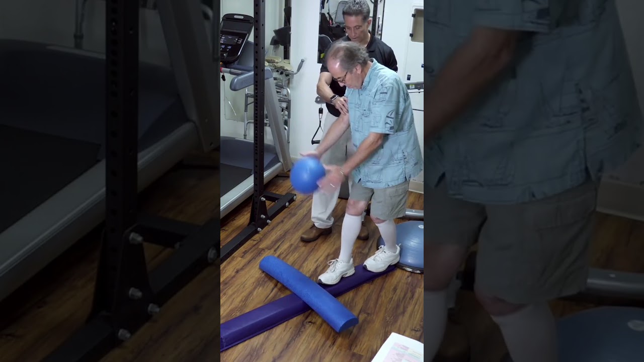 Here’s an advanced balance challenge exercise I do with all of my senior clients #physicaltherapy