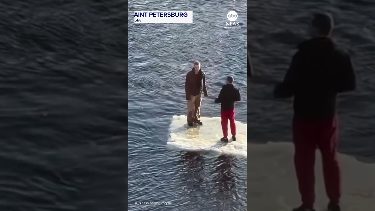 Men float down river on sheet of ice