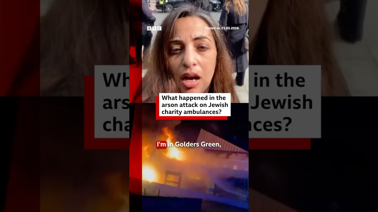 The scene of an arson attack on Jewish charity ambulances in Golders Green, London. #BBCNews