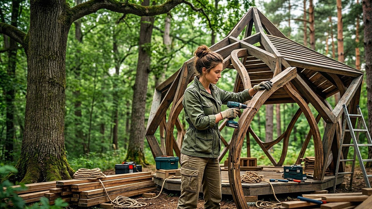 Young Girl Builds Dream Gazebo & House in the Forest 🌲🏡