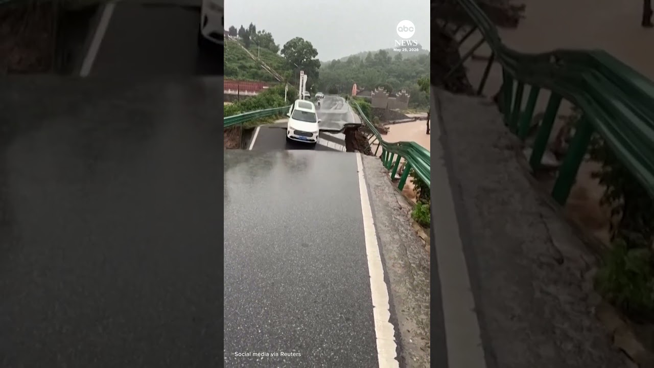 Car falls from collapsing bridge into raging river in China