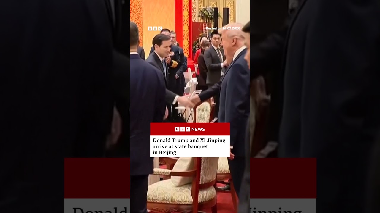 Donald Trump and Xi Jinping arrive at state banquet in Beijing. #China #US #BBCNews