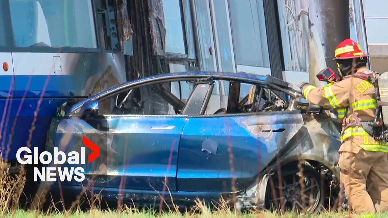 Fiery collision between Tesla and Valley Line LRT sends 1 to hospital, shuts down overpass