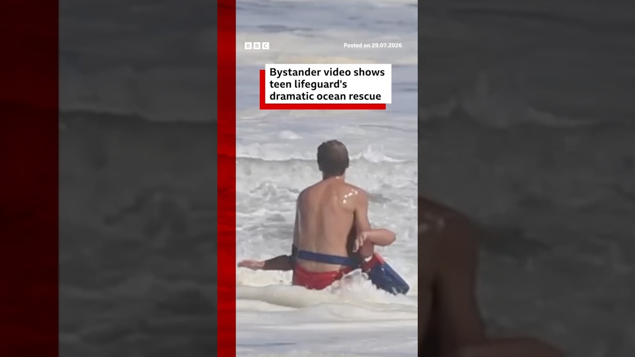 Bystander video shows teen lifeguard’s dramatic ocean rescue. #BBCNews