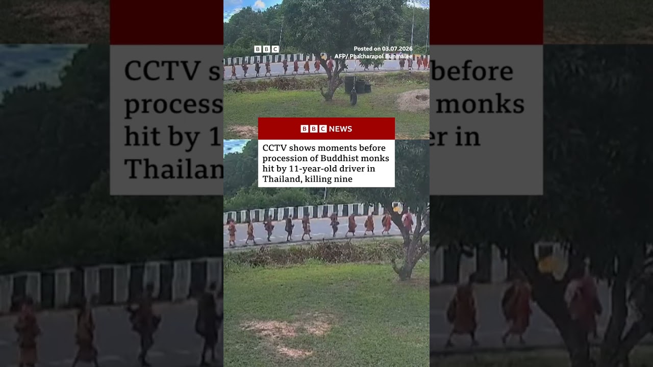 CCTV shows moments before Buddhist monks hit by 11-year-old driver in Thailand. #BBCNews