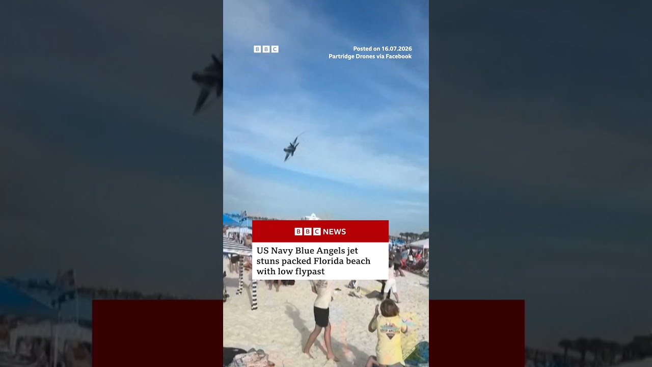 US Navy Blue Angels jet stuns packed Florida beach with low flypast. #BlueAngels #BBCNews