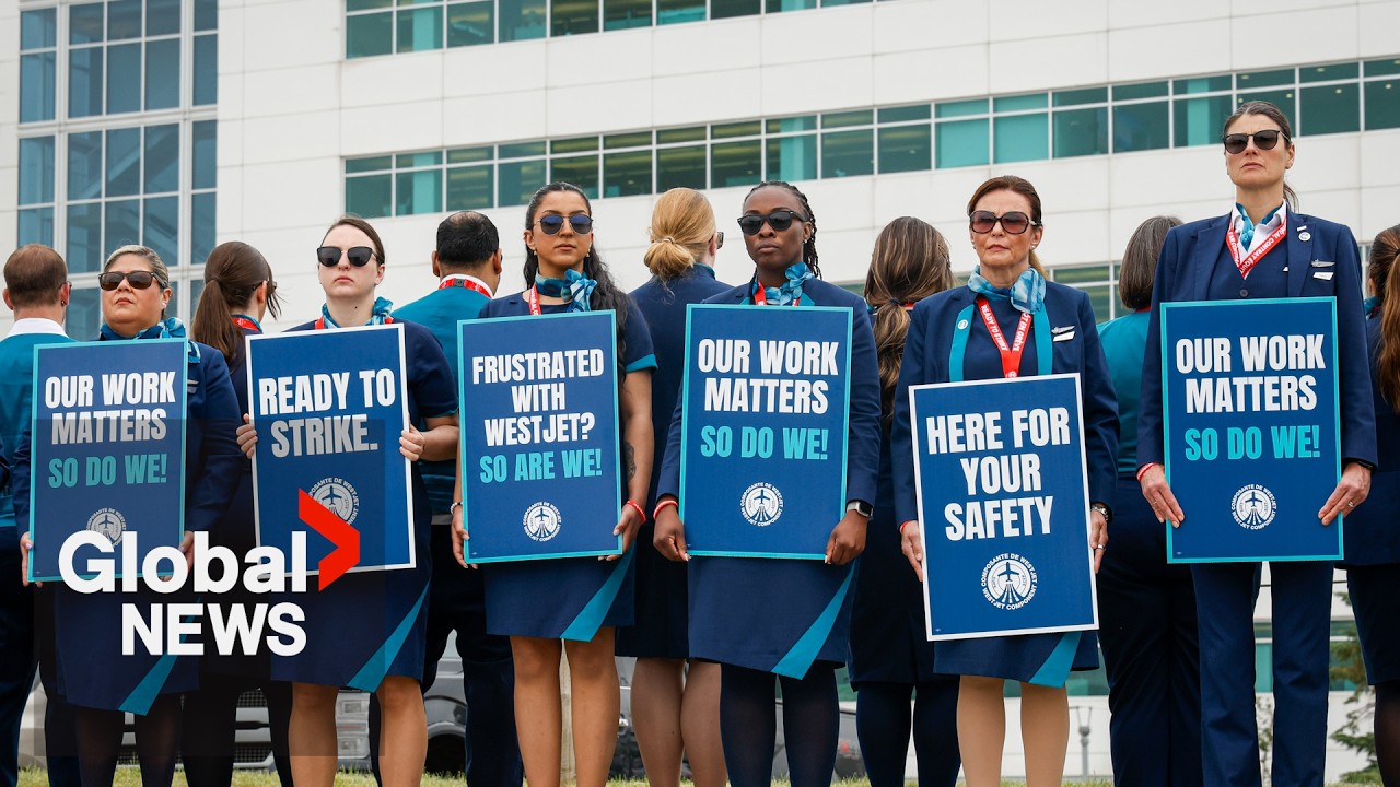 WestJet flight attendants hold information pickets as strike vote takes place