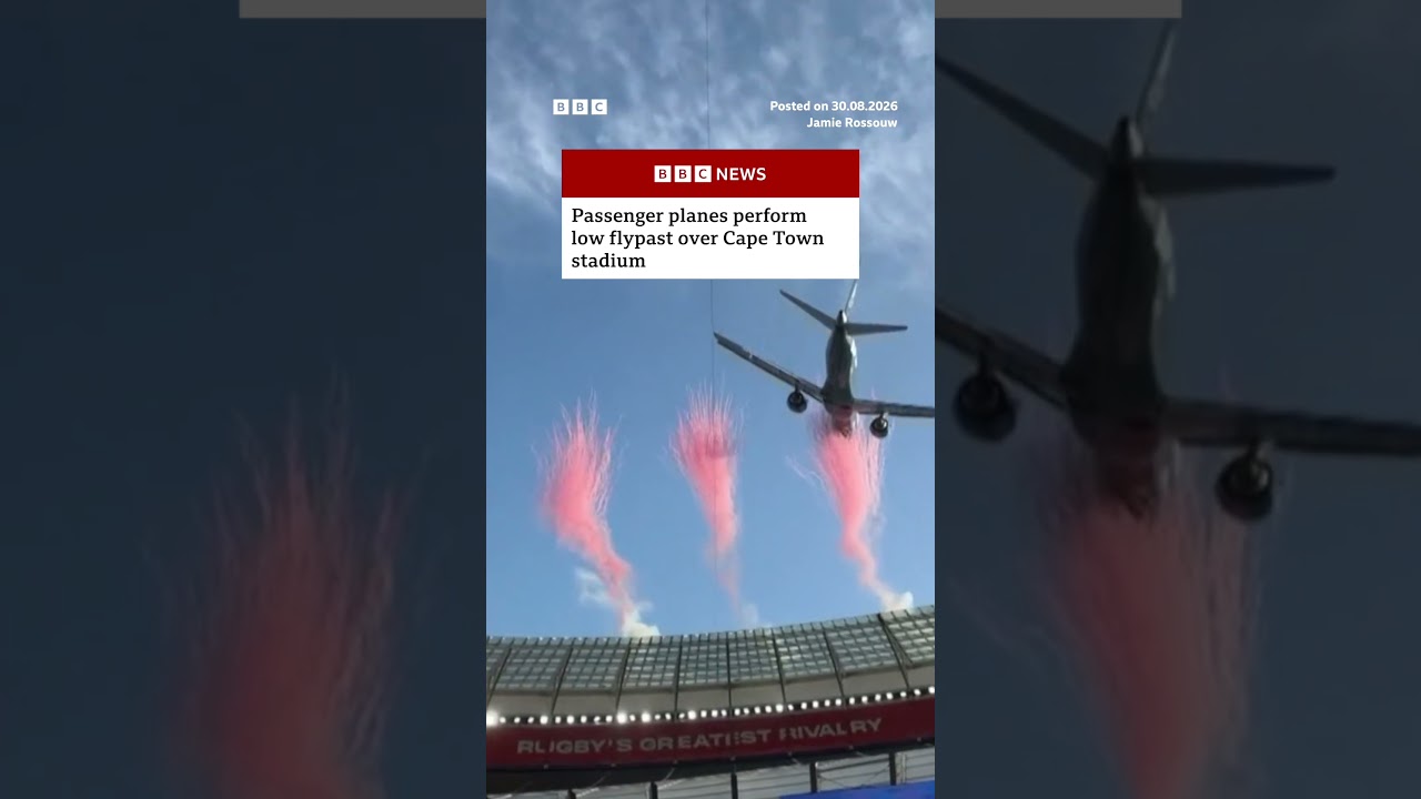 Passenger planes perform low flypast over Cape Town stadium. #SouthAfrica #DHLStadium #BBCNews