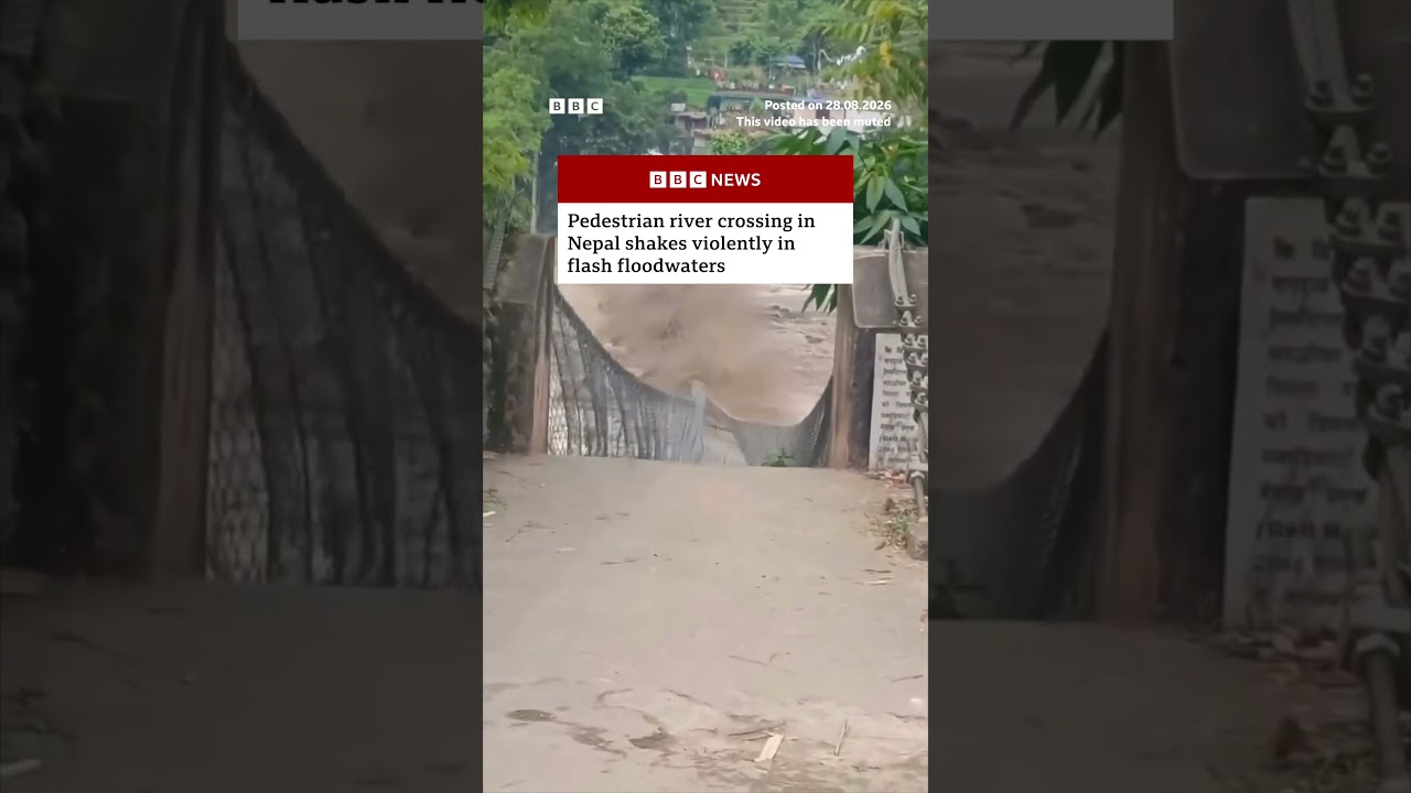 Pedestrian river crossing in Nepal shakes violently in flash floodwaters. #BBCNews