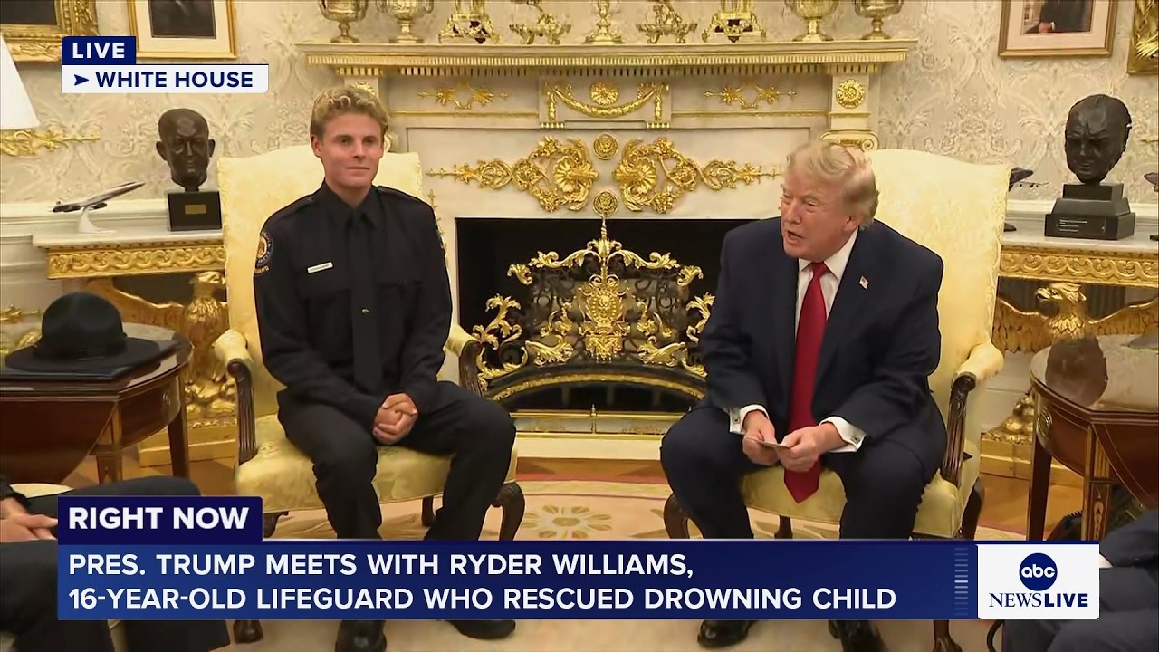 President Trump meets with 16-year-old lifeguard who saved drowning child