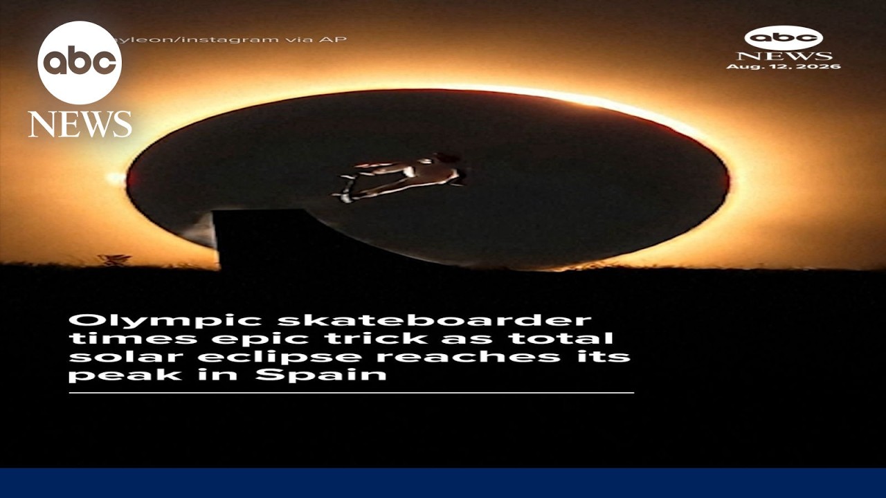 Skateboarder times epic trick as total solar eclipse peaks in Spain