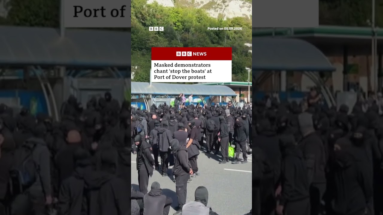 Masked demonstrators chant ‘stop the boats’ at Port of Dover protest. #England #BBCNews