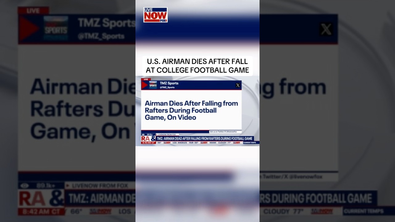 An Air Force service member died after falling from the rafters during a pregame demonstration.