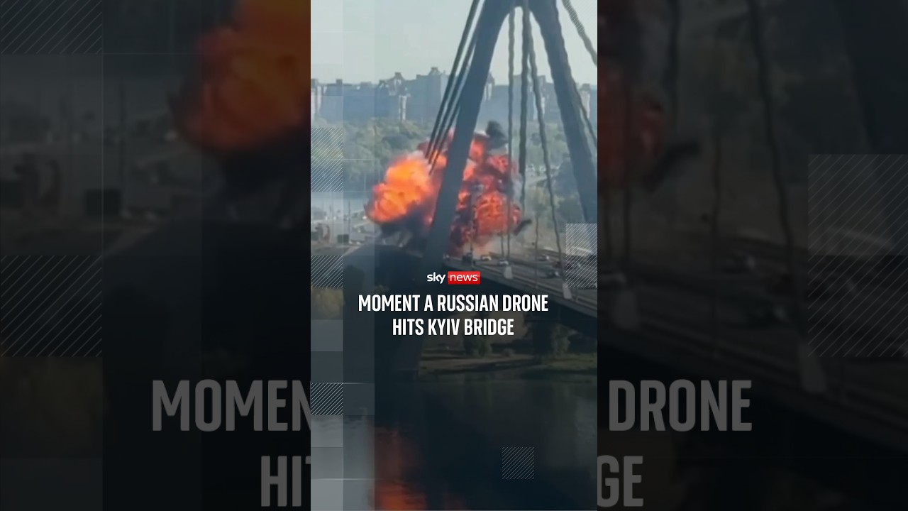 Moment a Russian drone hits Kyiv bridge