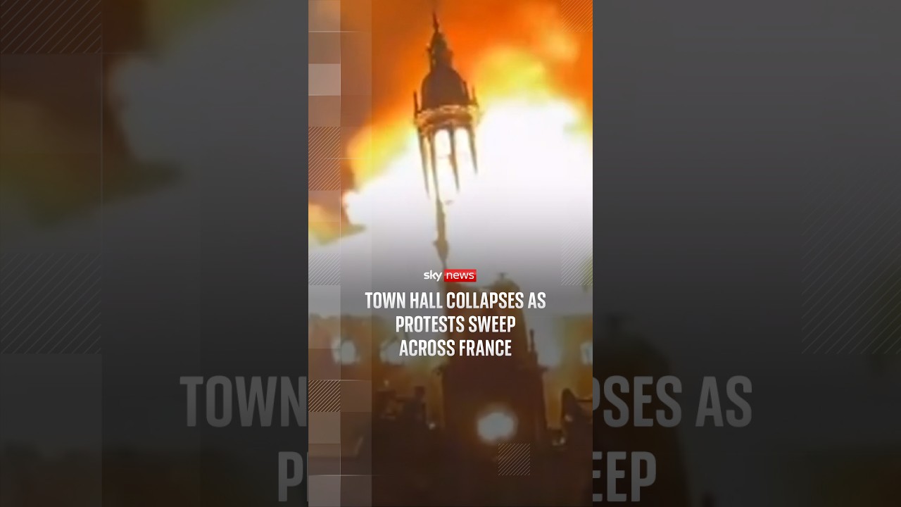 Moment town hall collapses as protests sweep across France